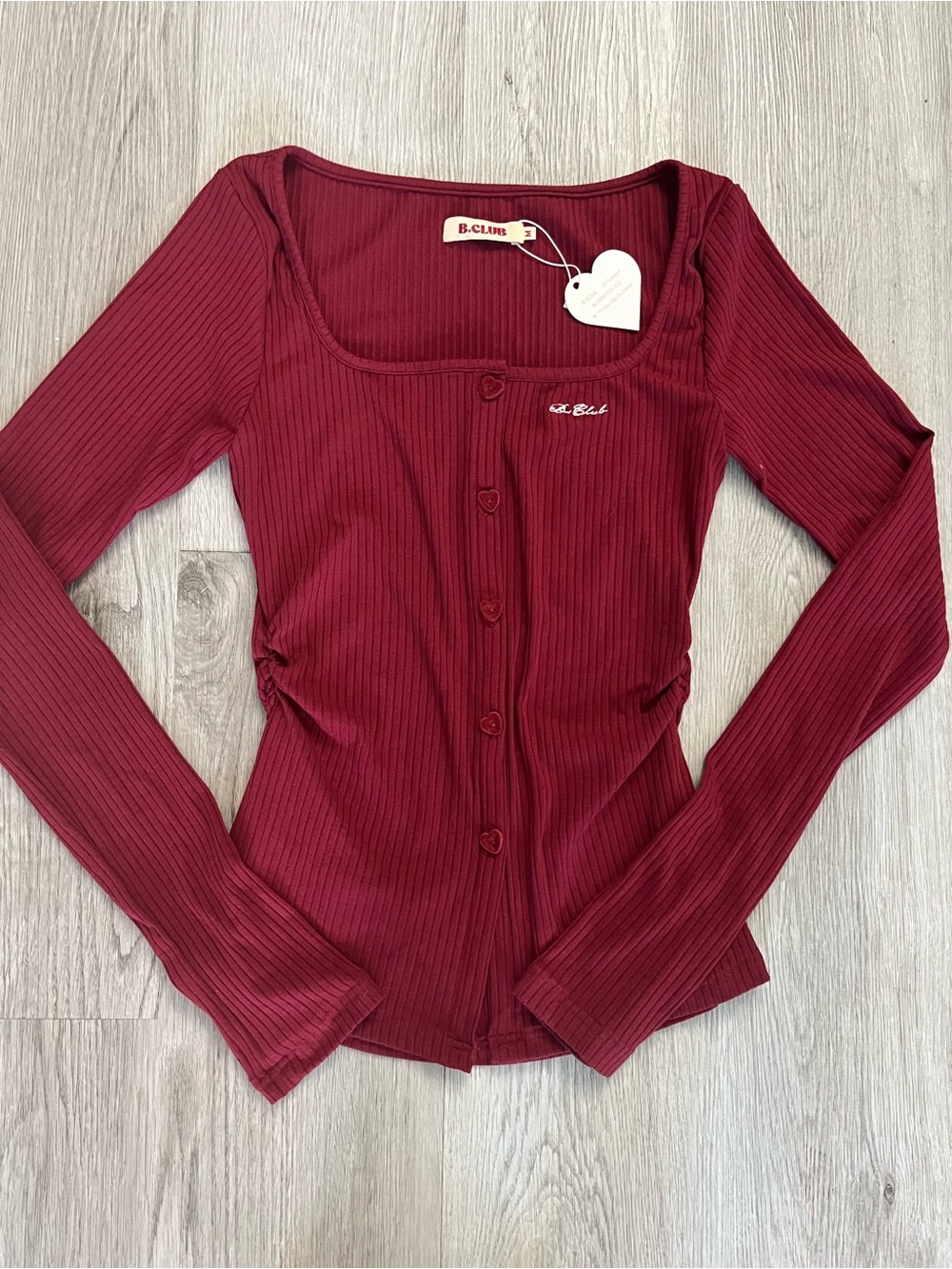 395–NWT Burgundy Ribbed Square-Neck Button-Front Long Sleeve Top